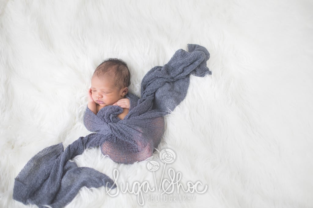 SugaShoc_Photography_Newborn_Photographer_Bucks County_Doylestown_PA_newborn_wrapped_in_blue_on_flokati