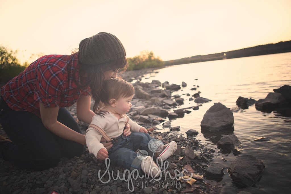 SugaShoc_Photography_Baby_Photographer_Bucks County_Doylestown_PA_one_year_old_session_at_park_at_sunset_with_mother_kissing_at_water