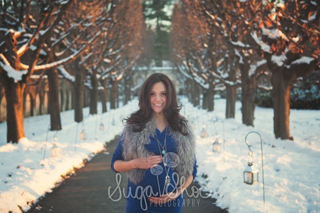 couple snow maternity session at longwood gardens