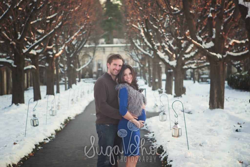 couple snow maternity session at longwood gardens