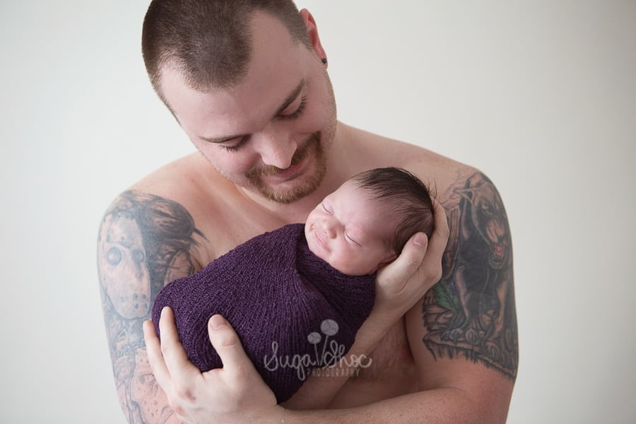SugaShoc_Photography_Newborn_Photographer_Bucks_County_PA_Doylestown_PA_smiling_newborn_with_dad_pose