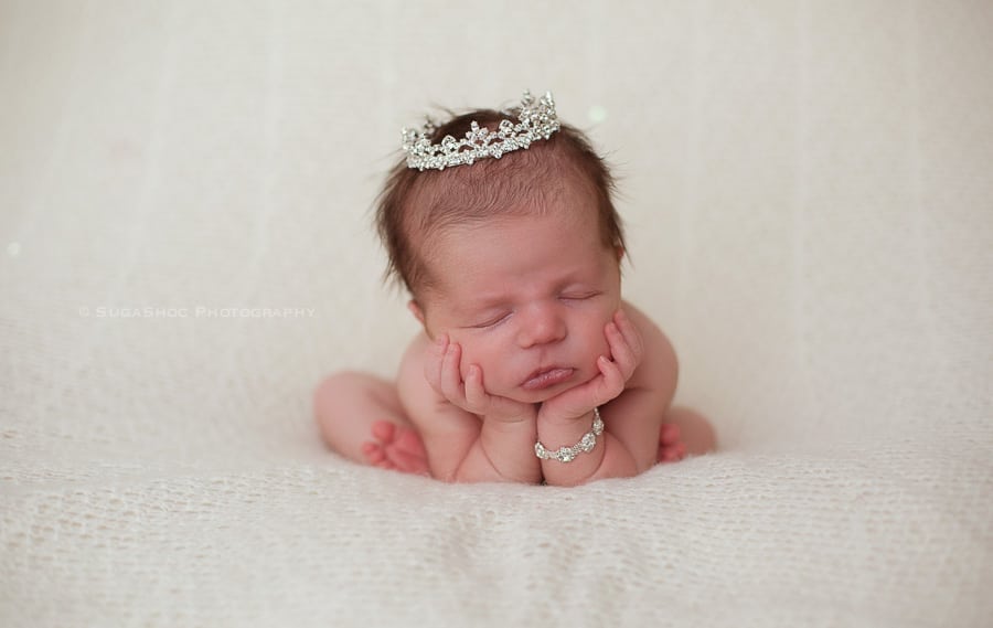 SugaShoc_Photography_Newborn_Photographer_Bucks_County_PA_Doylestown_PA_newborn_with_sleepy_shimmer_crown_and_bracelet_newborn_froggy_pose