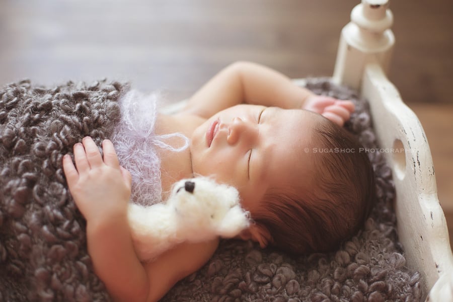 SugaShoc_Photography_Newborn_Photographer_Bucks_County_PA_Doylestown_PA_newborn_bed_teddy_bear_prop