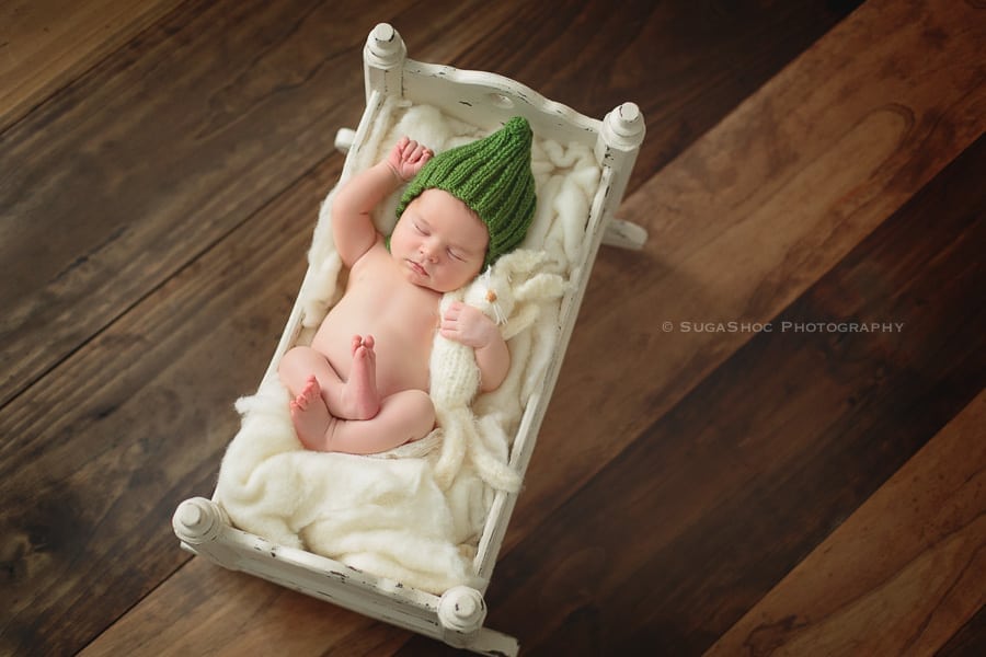 SugaShoc_Photography_Newborn_Photographer_Bucks_County_PA_Doylestown_PA_newborn_bed_with_bunny_newborn_posing_ideas