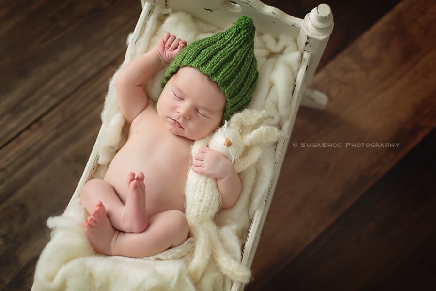 SugaShoc_Photography_Newborn_Photographer_Bucks_County_PA_Doylestown_PA_newborn_bed_with_bunny_newborn_posing_ideas