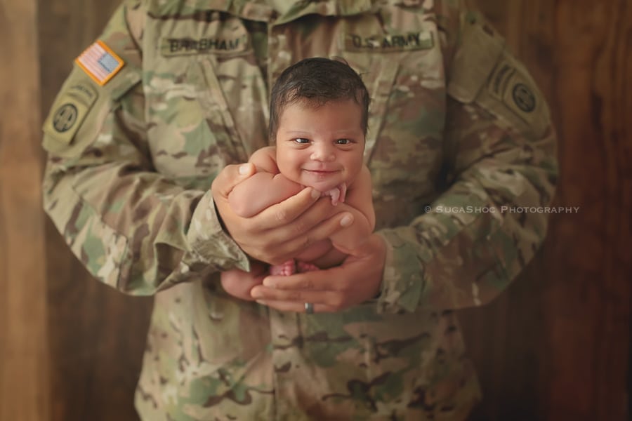 SugaShoc_Photography_Newborn_Photographer_Bucks_County_PA_Doylestown_PA_newborn_with_army_dad_in_hands_posing_ideas