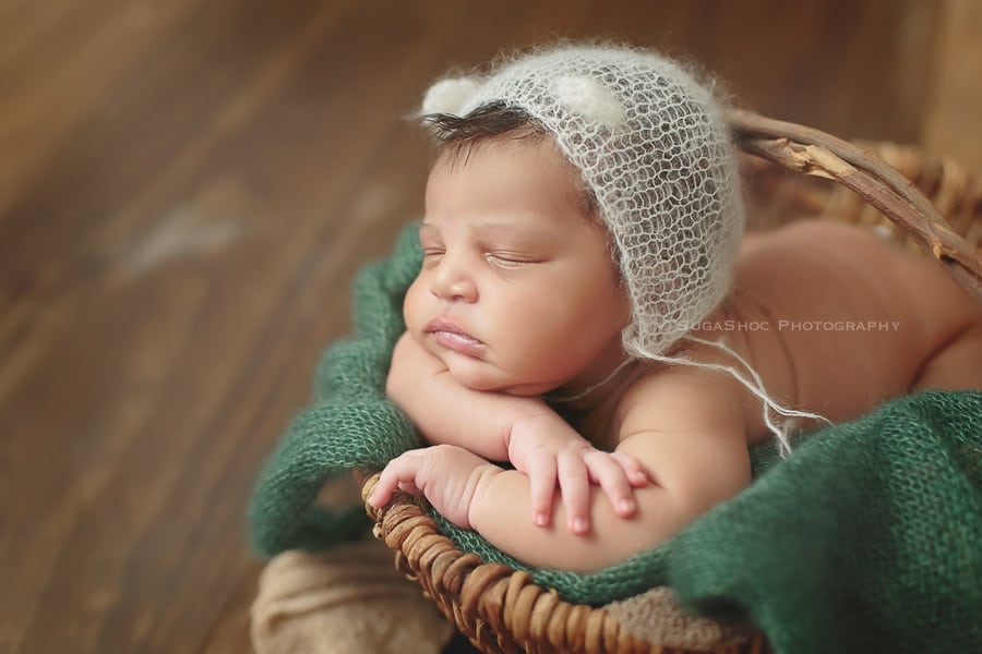 SugaShoc_Photography_Newborn_Photographer_Bucks_County_PA_Doylestown_PA_newborn_in_basket_with_bear_ears_knit_mohair_hat_newborn_posing_ideas