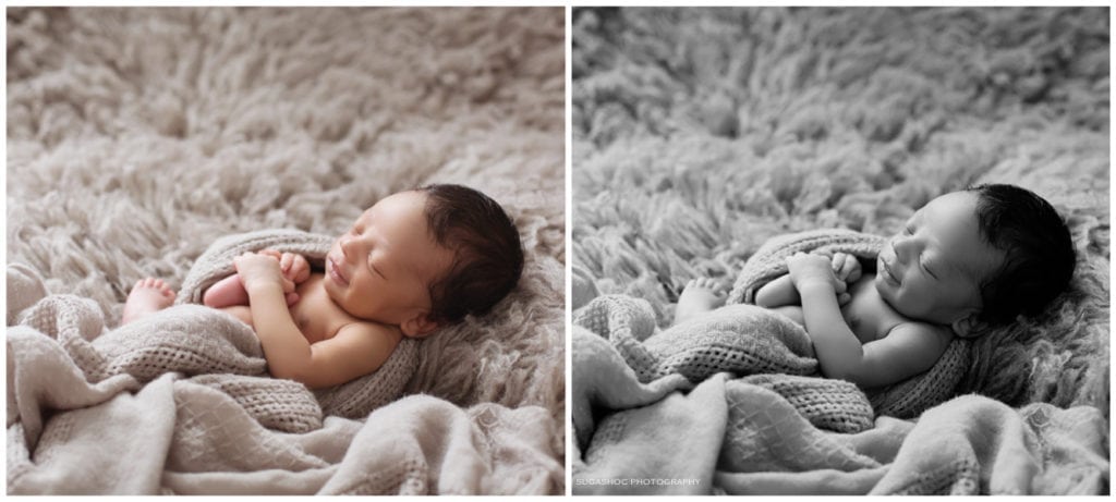 SugaShoc_Photography_Newborn_Photographer_Bucks_County_PA_Doylestown_PA_newborn_photo_black_and_white_comparison_newborn_smile