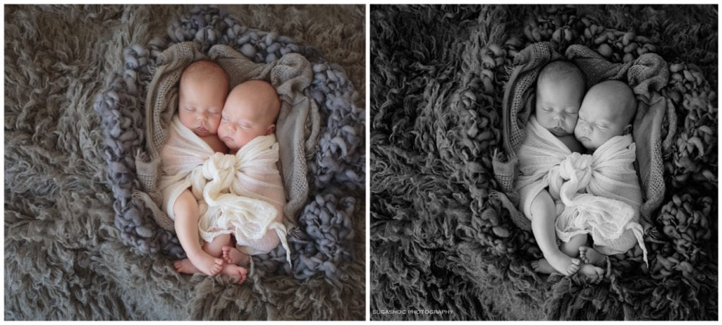 SugaShoc_Photography_Newborn_Photographer_Bucks_County_PA_Doylestown_PA-2_newborn photo black and white comparison newborn twins