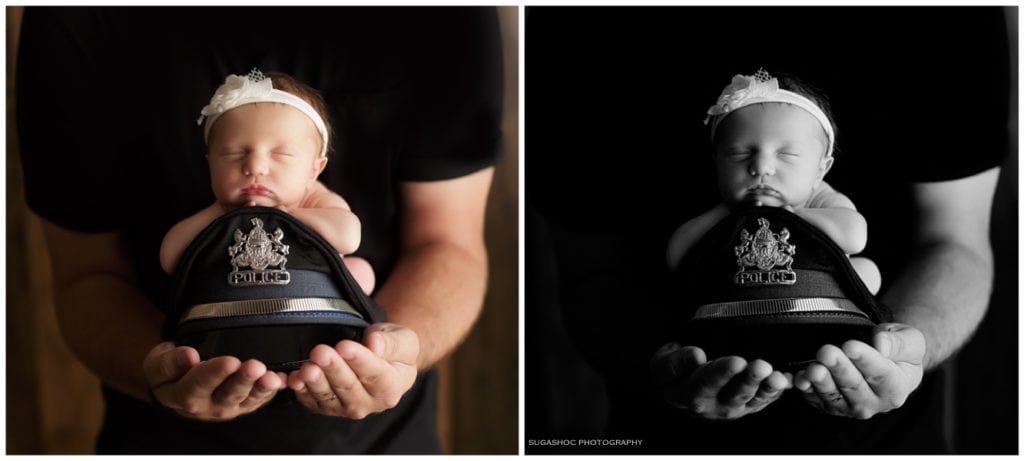 SugaShoc_Photography_Newborn_Photographer_Bucks_County_PA_Doylestown_PA_newborn_photo_black_and_white_comparison_newborn_with_police_officer_hat