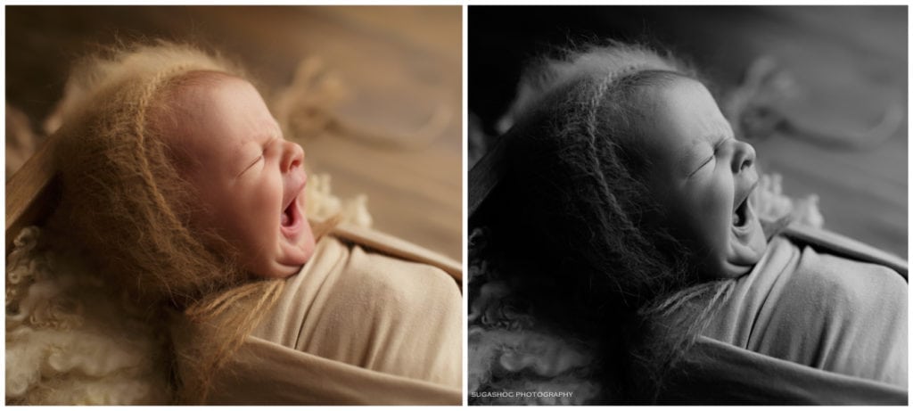 SugaShoc_Photography_Newborn_Photographer_Bucks_County_PA_Doylestown_PA_newborn_photo_black_and_white_comparison_newborn_yawning
