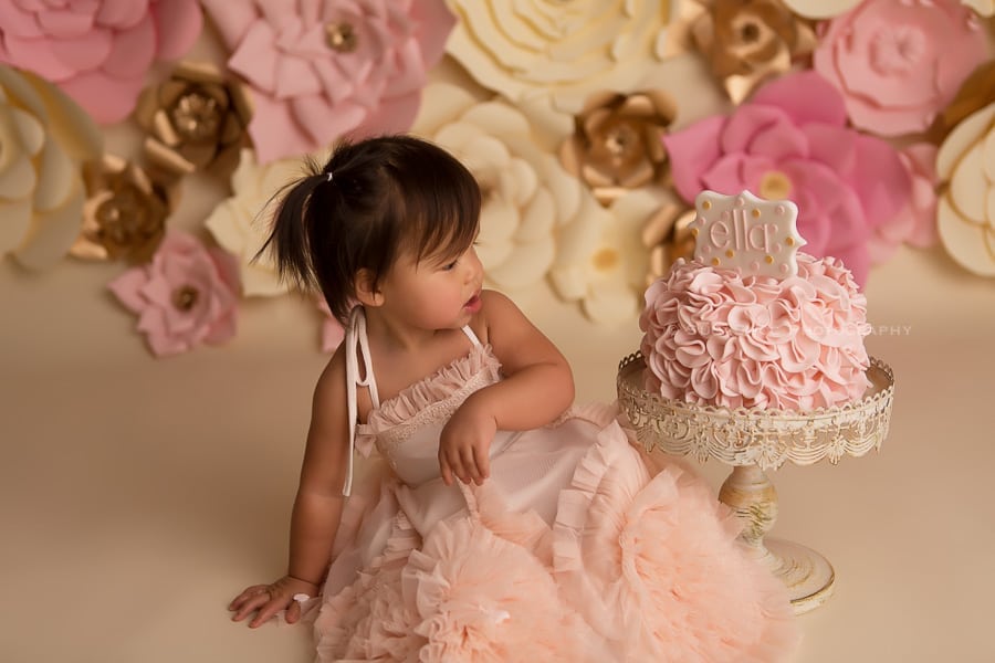 sugashoc_photography_cake_smash_photographer_bucks_county_pa_doylestown_pa_first_birthday_smash_cake_pink_theme_looking_at_cake