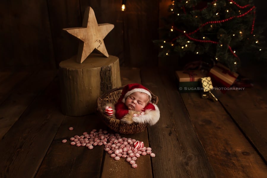 SugaShoc_Photography_Newborn_Photographer_Bucks_County_PA_Doylestown_PA_newborn_elf_on_the_shelf_eating_candy_cane
