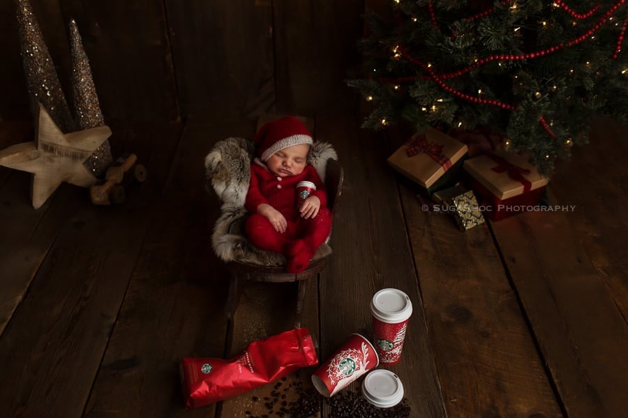 SugaShoc_Photography_Newborn_Photographer_Bucks_County_PA_Doylestown_PA_newborn_elf_on_the_shelf_drinking_coffee