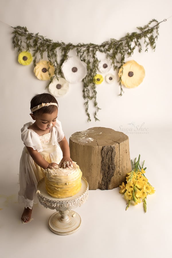 SugaShoc_Photography_Cake_Smash_Photographer_Bucks_County_PA_Doylestown_PA_Cream_and_yellow_yellow_flowers_standing_over_cake_tree_stump