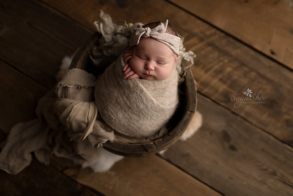 SugaShoc Photography Newborn Photographer Bucks County PA Doylestown PA Neutral Tones Baby Girl wrapped in a bucket