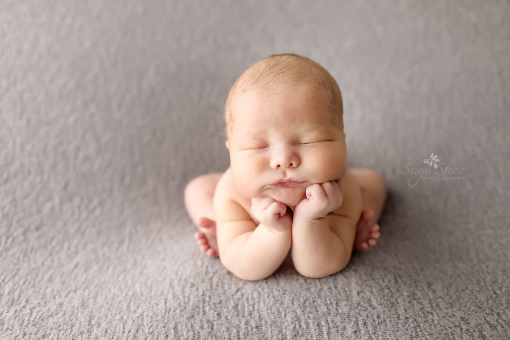 SugaShoc Photography Newborn Photographer Bucks County PA Doylestown PA Baby boy in froggy pose on light blue blanket