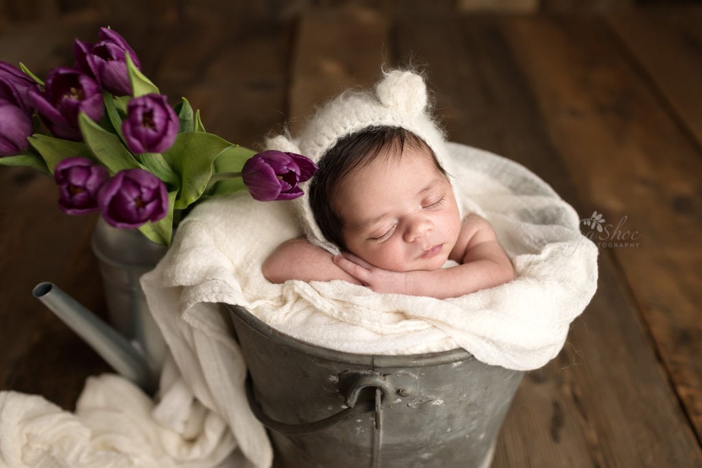 SugaShoc Photography Newborn Photography Bucks County PA Doylestown PA Newborn Photographer Sari Newborn Session baby sleeping metal bucket with white blanket and white hat with ears and water can with purple tulips