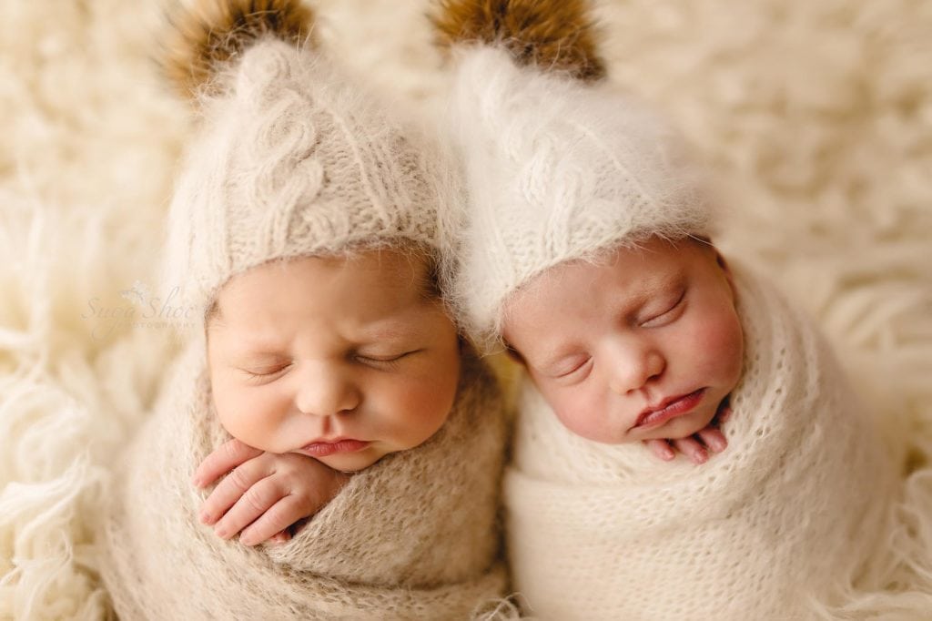 Sugashoc Photography Montgomery County Newborn Photographer twins wrapped in creams with knit hats