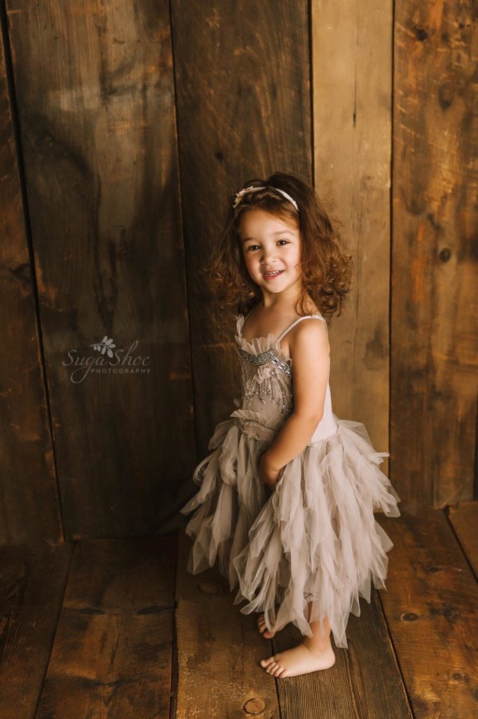 Sugashoc Photography Doylestown Children Photographer girl standing wearing gray tulle dress