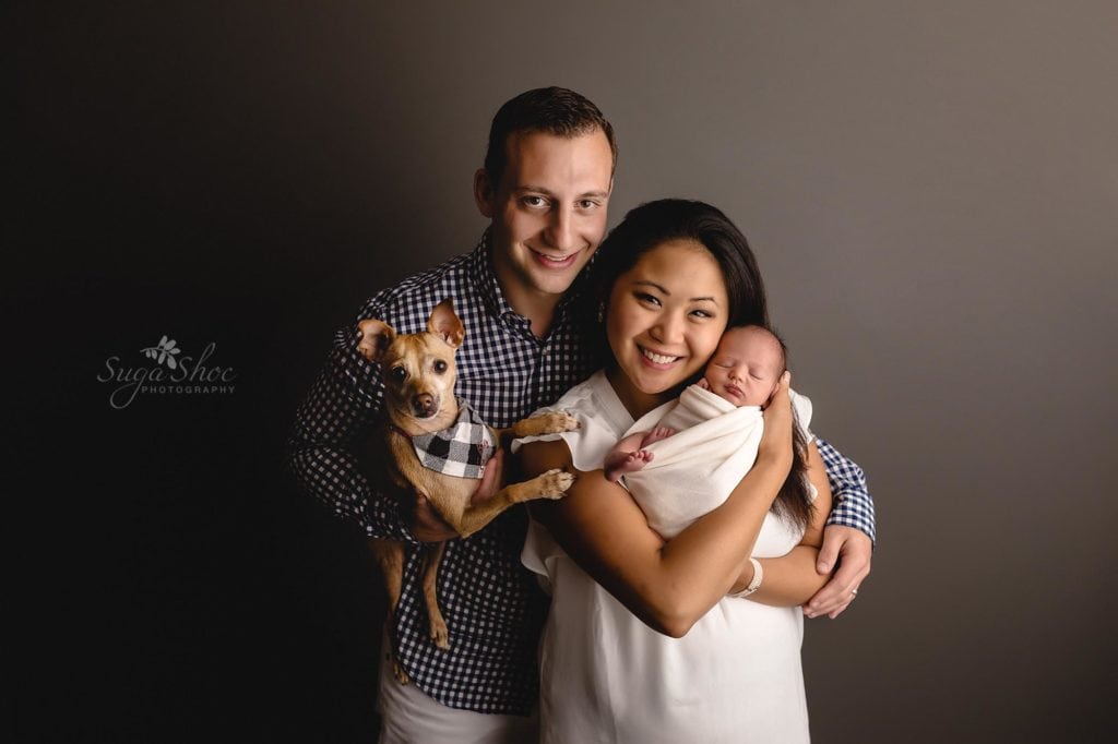 Fur Baby Newborn Session Sugashoc Photography family pose with newborn and dog