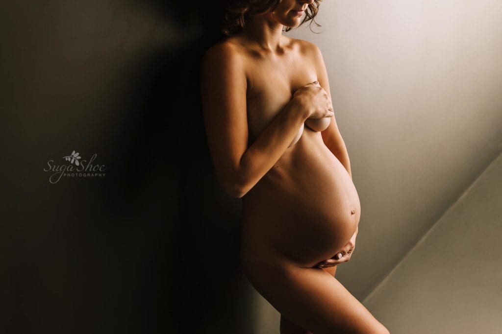 Philadelphia Maternity Boudoir Photographer SugaShoc Photography pregnant woman naked standing against wall