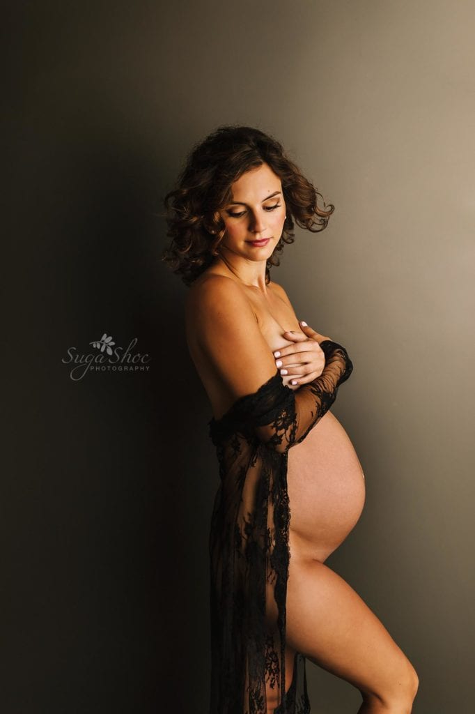 Philadelphia Maternity Boudoir Photographer SugaShoc Photography pregnant woman standing naked with black lace robe