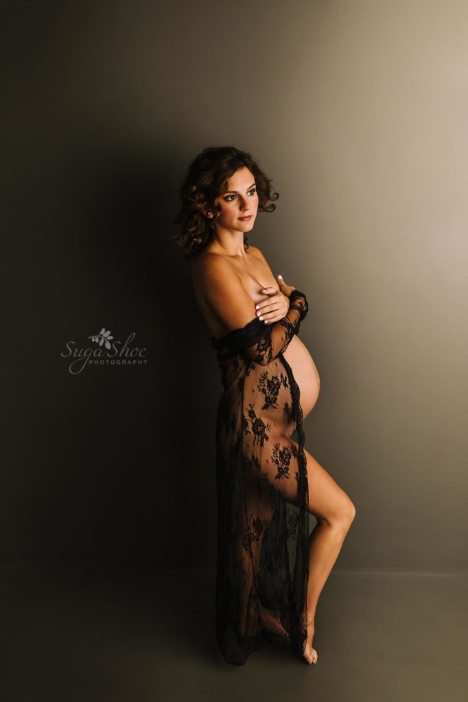 Philadelphia Maternity Boudoir Photographer SugaShoc Photography pregnant woman naked wearing black lace robe over arms