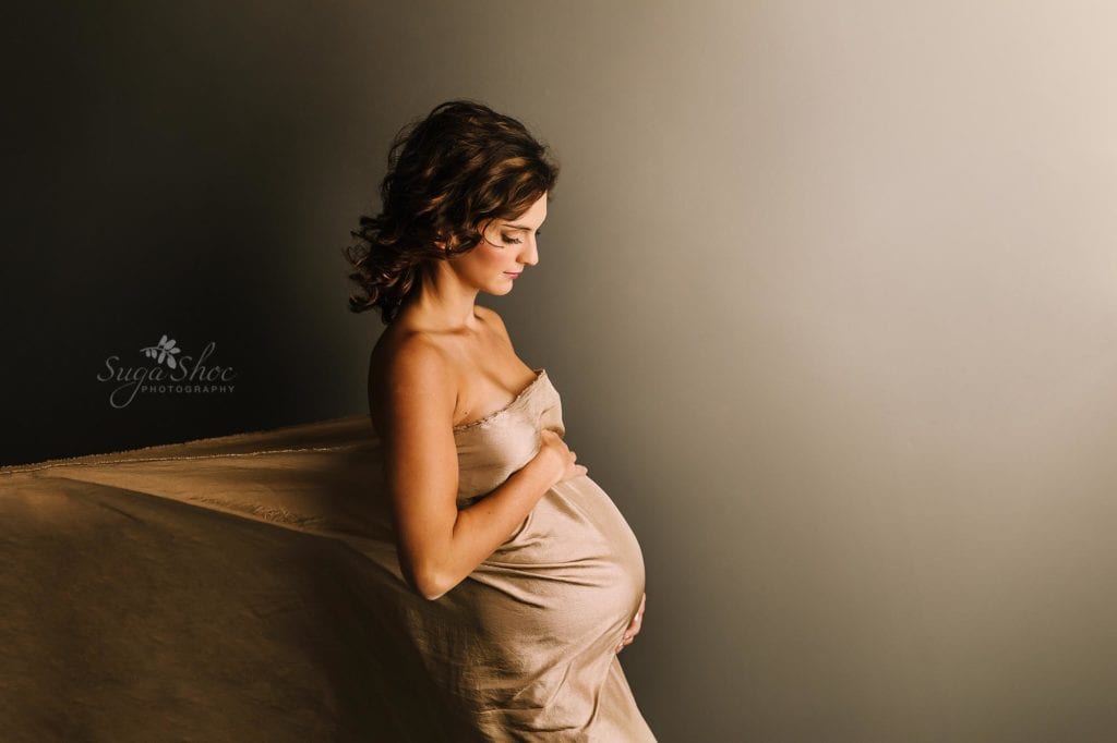Philadelphia Maternity Boudoir Photographer SugaShoc Photography pregnant woman wrapped in gold sheet