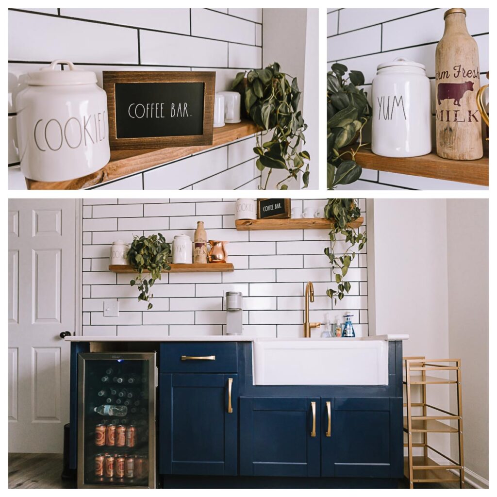 photo studio amenities, images of kitchenette, cookie and milk jars, coffee bar sign