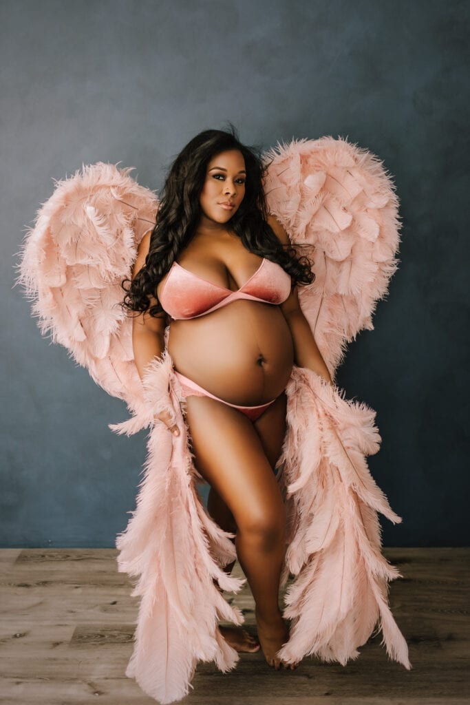 studio maternity photo session, angel wings maternity outfit