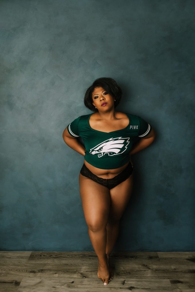 Philadelphia Eagles jersey boudoir photoshoot.